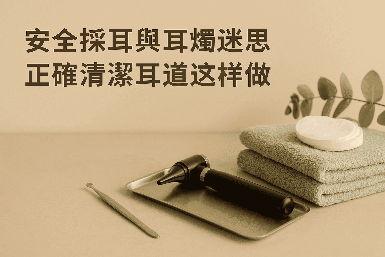 專業採耳工具、耳鏡與毛巾的無人靜物，左側留白含「安全採耳與耳燭迷思」字樣，示意正確清潔耳道｜中壢宸芯SPA