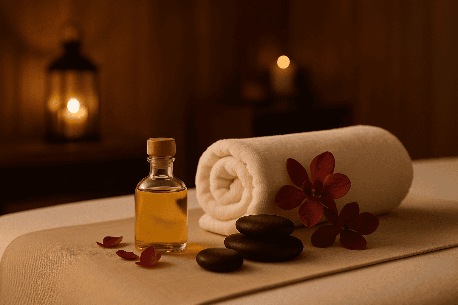 高級 SPA 按摩床擺設精油瓶、熱石、毛巾與花瓣，營造低調奢華的舒壓環境