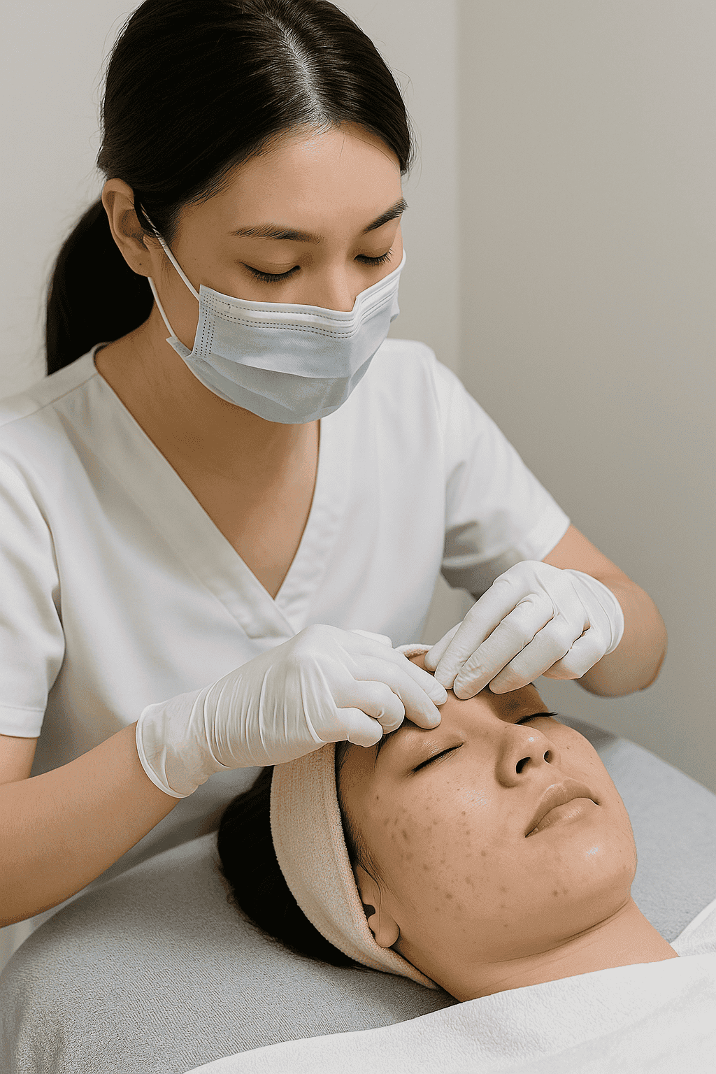 美容師正在為女性客戶清潔臉部粉刺，專業臉部護理 SPA 場景